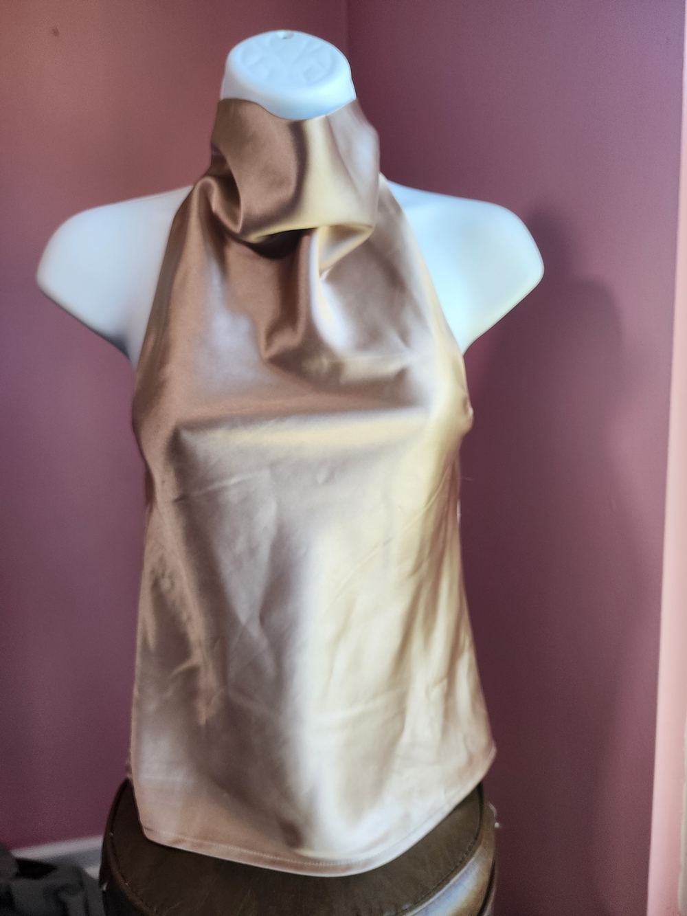 Satin Halter Cowl Neck Top in Champagne Taupe